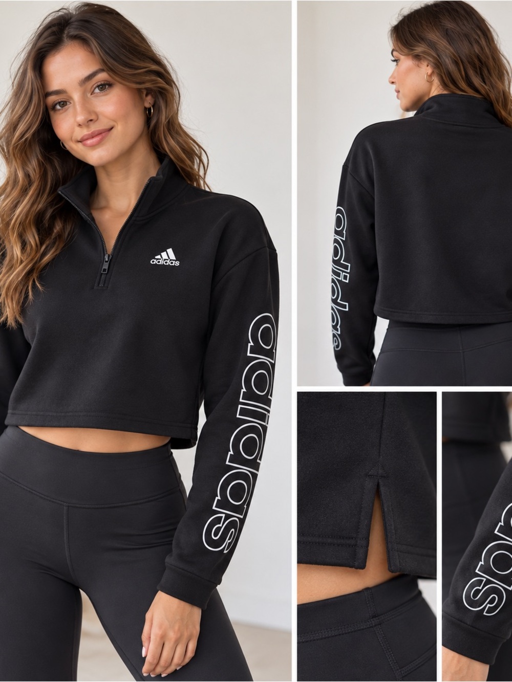 New! adidas Women’s XS Black Cropped Athletic Quarter-Zip Sweatshirt